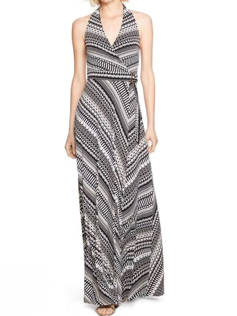 White House Black Market Surplise Halter Wrap Gold Buckle Maxi